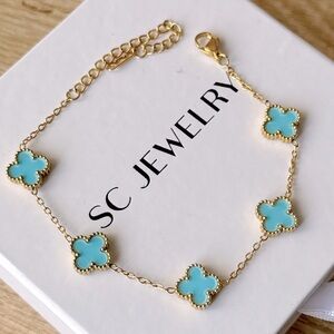 XS Turquoise Clover Bracelet Stainless Steel Gold Tone Chain